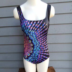Longitude Peacock Print Black Blue One Piece Swim Suit size 8